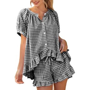 PEHMEA 2 Piece Gingham Pajama Sets for Women Summer Outfits 2026 Plaid Babydoll Shirt Ruffle Shorts Lounge Pjs in Saudi Arabia