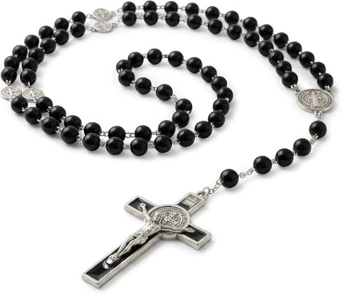 حبات المسبحة الكاثوليكية للنساء - قلادة مسبحة سوداء للنساء مع حبات اللؤلؤ - ميدالية صليب سانت بنديكت مسبحة للرجال - روزاريوس كاتوليكوس هدية عيد الميلاد (أسود) in Saudi Arabia