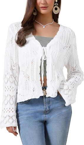 Allegra K Boho Crochet Cardigan for Women Casual Tie Front Shrugs Lightweight Long Sleeve Cardigans Top in Saudi Arabia