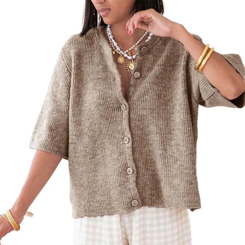 Women Short Sleeve Cropped Cardigan Crew Neck Button Down Ribbed Knitted Pullover Sweaters Y2K Going Out Sweater in Saudi Arabia