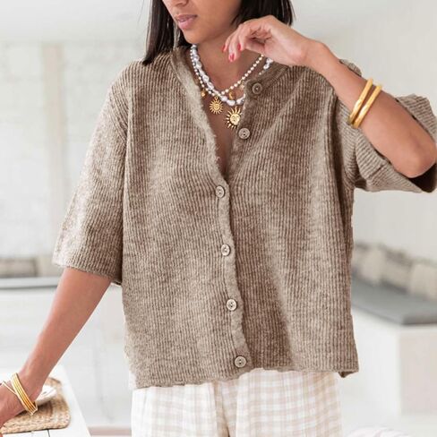 Women Short Sleeve Cropped Cardigan Crew Neck Button Down Ribbed Knitted Pullover Sweaters Y2K Going Out Sweater in Saudi Arabia