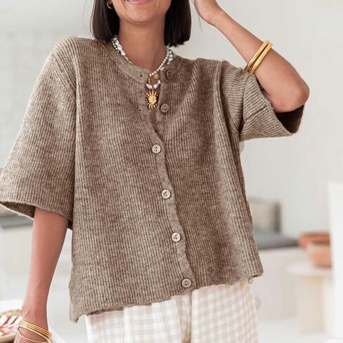 Women Short Sleeve Cropped Cardigan Crew Neck Button Down Ribbed Knitted Pullover Sweaters Y2K Going Out Sweater in Saudi Arabia