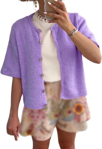 Women Short Sleeve Cropped Cardigan Crew Neck Button Down Ribbed Knitted Pullover Sweaters Y2K Going Out Sweater in Saudi Arabia