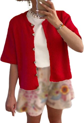 Women Short Sleeve Cropped Cardigan Crew Neck Button Down Ribbed Knitted Pullover Sweaters Y2K Going Out Sweater in Saudi Arabia