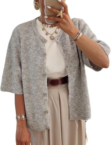 Women Short Sleeve Cropped Cardigan Crew Neck Button Down Ribbed Knitted Pullover Sweaters Y2K Going Out Sweater in Saudi Arabia
