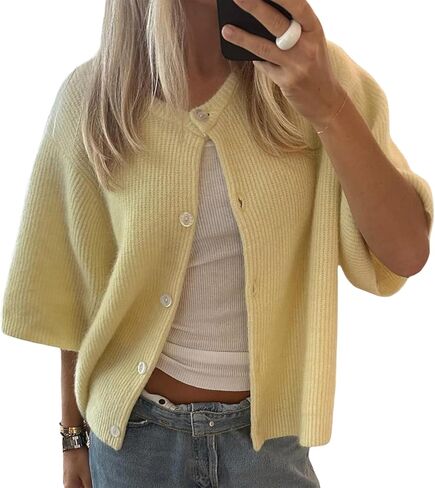 Women Short Sleeve Cropped Cardigan Crew Neck Button Down Ribbed Knitted Pullover Sweaters Y2K Going Out Sweater in Saudi Arabia