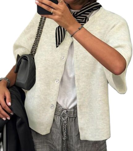 Women Short Sleeve Cropped Cardigan Crew Neck Button Down Ribbed Knitted Pullover Sweaters Y2K Going Out Sweater in Saudi Arabia