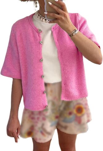 Women Short Sleeve Cropped Cardigan Crew Neck Button Down Ribbed Knitted Pullover Sweaters Y2K Going Out Sweater in Saudi Arabia