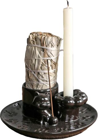 حامل بالو سانتو 4 في 1، حامل حكيم للحرق، صينية حكيم مع حامل مبخرة للعصي، وعاء تلطيخ، وعاء حرق حكيم، صينية سيراميك لقطط الرماد (بني) in Kuwait