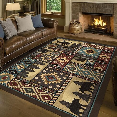 Rustic Cabin Area Rug 5x7: Bear Western Decor Brown Animal Carpet for Living Room Bedroom Country Home in Saudi Arabia