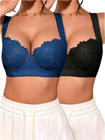 OYOANGLE Women's 2 Pack Floral Lace Underwire Bra Push Up Bralette Wide Strap Balconette Bras in Saudi Arabia