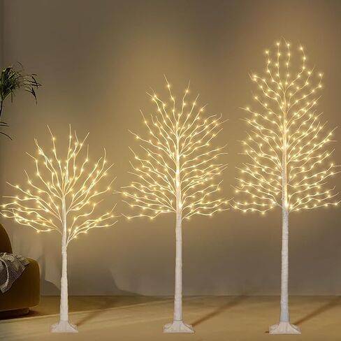 Birch Tree with LED Lights 4+6+8FT, 3PK Artificial Christmas Trees Prelit with 8 Lighting Modes and Timer, Lit Twinkling Twig Tree Warm White for Xmas Home Outdoor Indoor Decoration in Saudi Arabia