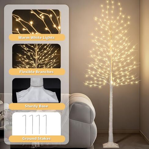 Birch Tree with LED Lights 4+6+8FT, 3PK Artificial Christmas Trees Prelit with 8 Lighting Modes and Timer, Lit Twinkling Twig Tree Warm White for Xmas Home Outdoor Indoor Decoration in Saudi Arabia