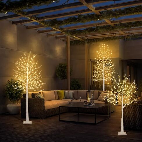 Birch Tree with LED Lights 4+6+8FT, 3PK Artificial Christmas Trees Prelit with 8 Lighting Modes and Timer, Lit Twinkling Twig Tree Warm White for Xmas Home Outdoor Indoor Decoration in Saudi Arabia