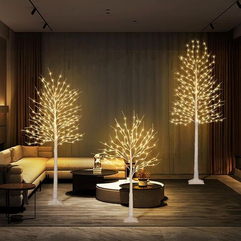 Birch Tree with LED Lights 4+6+8FT, 3PK Artificial Christmas Trees Prelit with 8 Lighting Modes and Timer, Lit Twinkling Twig Tree Warm White for Xmas Home Outdoor Indoor Decoration in Saudi Arabia