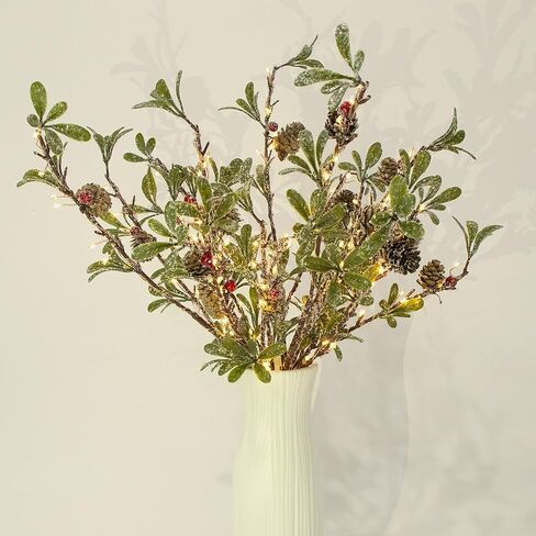 3 قطع من فروع عيد الميلاد المضاءة للمزهريات، 147 مصباحًا مع مخاريط الصنوبر على شكل أوراق الهدال الثلجية والتوت، تعمل بالبطارية، ومؤقت، وغصن اصطناعي مصنوع يدويًا للاستخدام الداخلي والخارجي in Kuwait