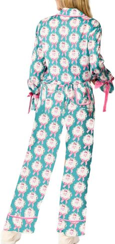 Luckinbaby النساء عيد الميلاد الساتان 2 قطعة منامة مجموعة ربطة القوس فيونكة طويلة الأكمام قمصان السراويل سانتا كلوز طباعة Pjs مجموعة ملابس خاصة in Kuwait