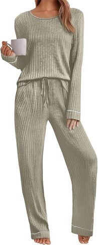 Womens Pajama Set 2 Piece Long Sleeve Ribbed Lounge Sleepwear Matching Set Pjs Outfit with Pockets in Saudi Arabia