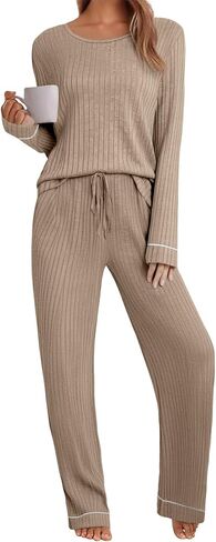 Womens Pajama Set 2 Piece Long Sleeve Ribbed Lounge Sleepwear Matching Set Pjs Outfit with Pockets in Saudi Arabia