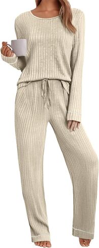 Womens Pajama Set 2 Piece Long Sleeve Ribbed Lounge Sleepwear Matching Set Pjs Outfit with Pockets in Saudi Arabia