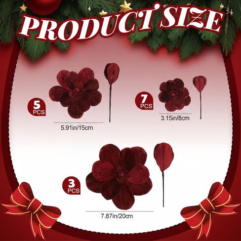 Norme 15 Pcs Christmas Magnolia Flowers Ornaments 3.15'' 5.91'' 8.27'' Large Artificial Magnolia Velvet Fold Poinsettia Stems for Christmas Tree Wreath Holiday Decor(Burgundy) in Saudi Arabia