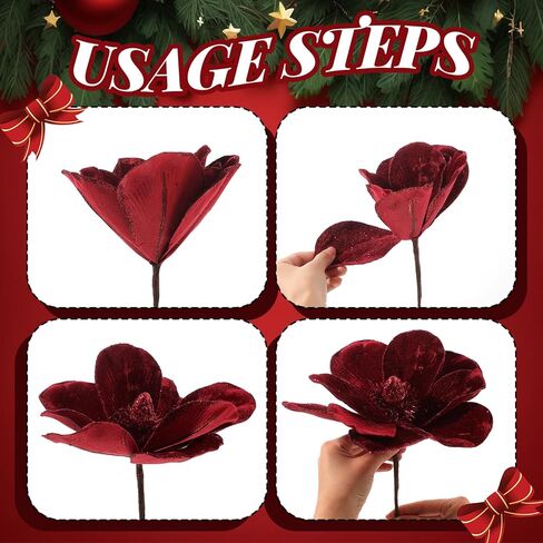 Norme 15 Pcs Christmas Magnolia Flowers Ornaments 3.15'' 5.91'' 8.27'' Large Artificial Magnolia Velvet Fold Poinsettia Stems for Christmas Tree Wreath Holiday Decor(Burgundy) in Saudi Arabia
