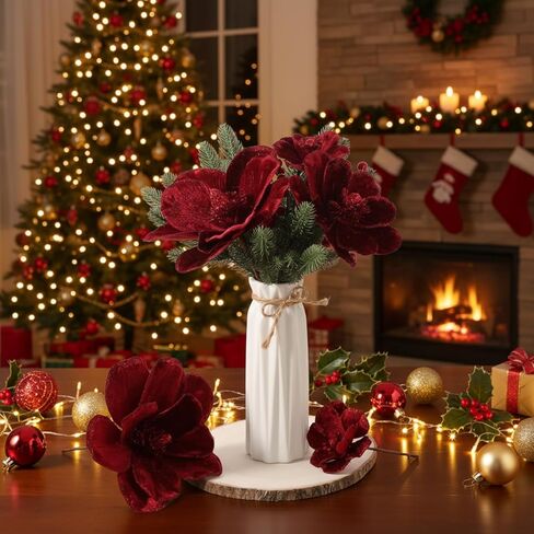 Norme 15 Pcs Christmas Magnolia Flowers Ornaments 3.15'' 5.91'' 8.27'' Large Artificial Magnolia Velvet Fold Poinsettia Stems for Christmas Tree Wreath Holiday Decor(Burgundy) in Saudi Arabia