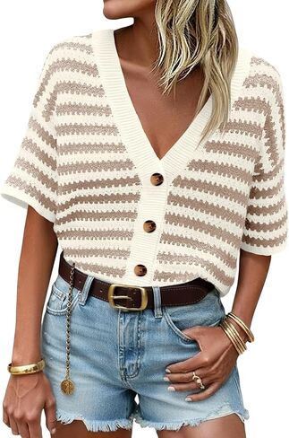 Saodimallsu Womens Short Sleeve Striped Cardigan Sweaters Crochet Knit Button Down Shirts V Neck Spring Summer Tops in Saudi Arabia