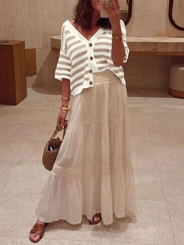 Saodimallsu Womens Short Sleeve Striped Cardigan Sweaters Crochet Knit Button Down Shirts V Neck Spring Summer Tops in Saudi Arabia