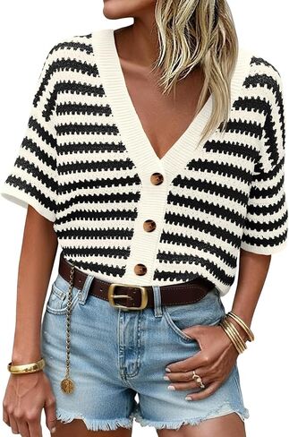 Saodimallsu Womens Short Sleeve Striped Cardigan Sweaters Crochet Knit Button Down Shirts V Neck Spring Summer Tops in Saudi Arabia