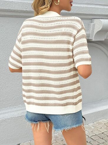 Saodimallsu Womens Short Sleeve Striped Cardigan Sweaters Crochet Knit Button Down Shirts V Neck Spring Summer Tops in Saudi Arabia