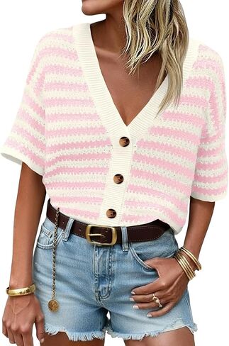 Saodimallsu Womens Short Sleeve Striped Cardigan Sweaters Crochet Knit Button Down Shirts V Neck Spring Summer Tops in Saudi Arabia
