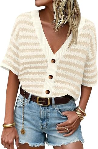Saodimallsu Womens Short Sleeve Striped Cardigan Sweaters Crochet Knit Button Down Shirts V Neck Spring Summer Tops in Saudi Arabia