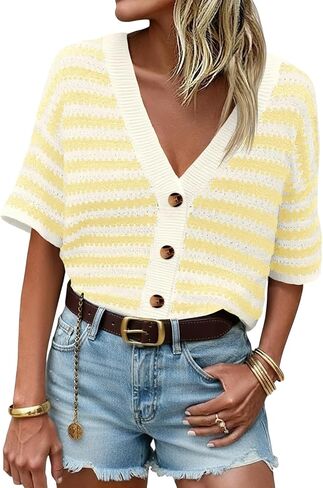 Saodimallsu Womens Short Sleeve Striped Cardigan Sweaters Crochet Knit Button Down Shirts V Neck Spring Summer Tops in Saudi Arabia