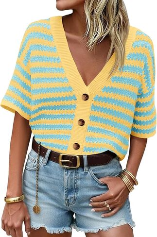 Saodimallsu Womens Short Sleeve Striped Cardigan Sweaters Crochet Knit Button Down Shirts V Neck Spring Summer Tops in Saudi Arabia