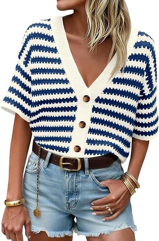 Saodimallsu Womens Short Sleeve Striped Cardigan Sweaters Crochet Knit Button Down Shirts V Neck Spring Summer Tops in Saudi Arabia