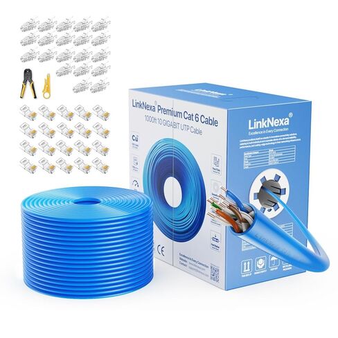 كابل إيثرنت Cat6 بطول 1000 قدم، كابل Cat6، UTP 23AWG 550 ميجا هرتز سلك نحاسي صلب، كابل شبكة Cat 6، دعم 10 جيجا مع مجموعة أدوات تجعيد Cat 6 (أزرق) in Kuwait