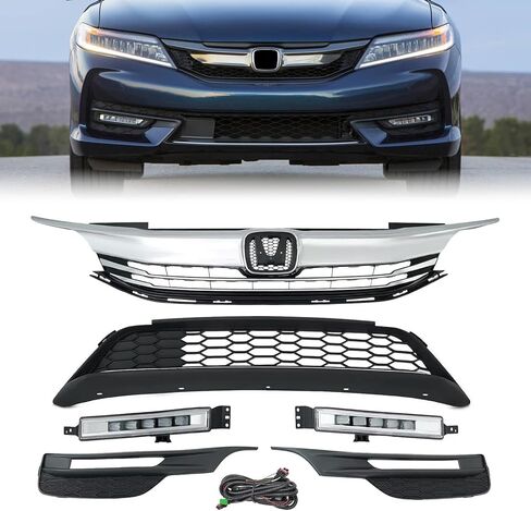 YLT AUTO Fit 2016-2017 لسيارة Honda Accord LX EX Sedan 4DR غطاء أمامي ممتص الصدمات العلوي استبدال طقم كفن أسود غطاء شبكي أمامي مدخل هواء مع زخرفة الكروم in Kuwait