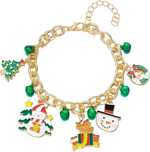 Gold Christmas Charm Bracelet for Women - 8 Inch Adjustable Alloy Chain with Jingle Bells, Snowflake, Snowman, Santa Claus, Christmas Tree Pendants, Festive Holiday Party Jewelry, Xmas Stocking Stuffers & Birthday Gifts in Saudi Arabia