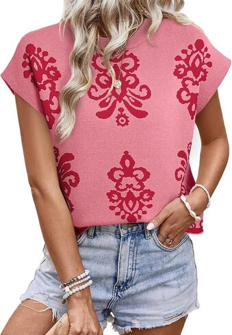 Dokotoo Women’s Sweater Vest Summer Casual Crewneck Knit Pullover Tops Lightweight Boho Printed Cap Sleeve Sweaters in Saudi Arabia