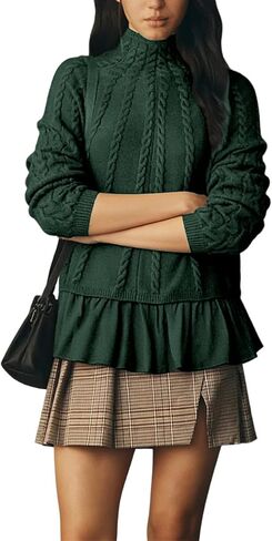 Womens' Turtleneck Long Sleeve Cable Knit Sweaters Oversized Contrast Ruffle Hem Pullover Top in Saudi Arabia