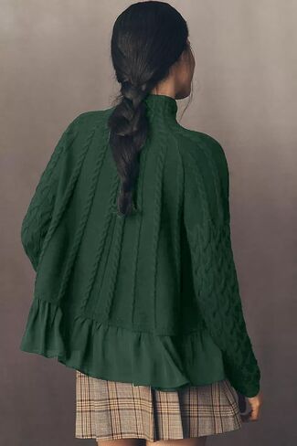 Womens' Turtleneck Long Sleeve Cable Knit Sweaters Oversized Contrast Ruffle Hem Pullover Top in Saudi Arabia