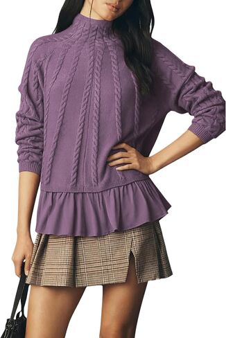 Womens' Turtleneck Long Sleeve Cable Knit Sweaters Oversized Contrast Ruffle Hem Pullover Top in Saudi Arabia
