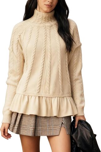 Womens' Turtleneck Long Sleeve Cable Knit Sweaters Oversized Contrast Ruffle Hem Pullover Top in Saudi Arabia