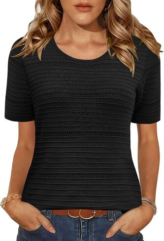 LUYAA Short Sleeve Sweater for Women Spring Summer Crochet Tops Crewneck Ribbed Casual Lightweight Pullover Sweaters in Saudi Arabia