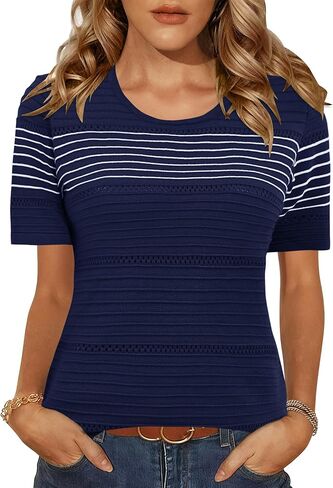 LUYAA سترة قصيرة الأكمام للنساء للربيع والصيف، قطع علوية من الكروشيه، بياقة دائرية مضلعة، بلوفر كاجوال خفيف الوزن in Kuwait