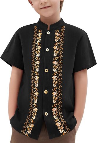 قمصان أطفال بنين بأزرار سفلية من Guayabera المكسيكية، قمصان تقليدية بأكمام قصيرة مطرزة من Cinco De Mayo Fiesta، مقاسات 3-8 in Saudi Arabia