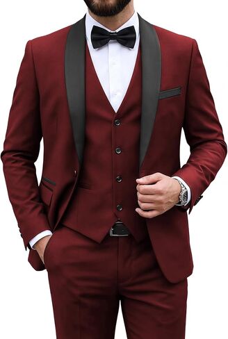 MY'S Mens 3-Piece Suit Shawl Lapel One Button Tuxedo Slim Fit Dinner Jacket Vest Pants & Tie Set in Kuwait