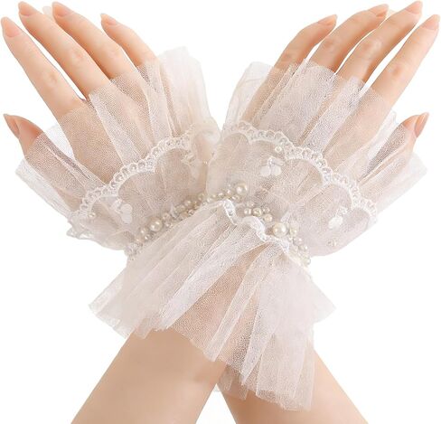 Short Lace Fingerless Gloves, White Pearl Tulle, Wedding Gloves for Women, Hallowmas Party Costume Accessory in Saudi Arabia