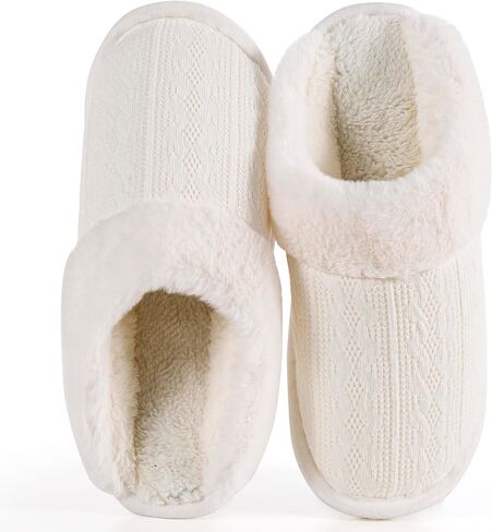 Women's Cozy Knit Slippers with Faux Fur Lining Memory Foam - Non-Slip Rubber Sole Indoor/Outdoor Winter House Shoes for Warmth and Comfort in Saudi Arabia